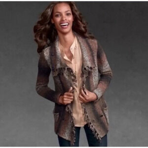 Cabi Frontier Cardigan Sweater Double Breasted Size Small Silk Blend Cowl Womens